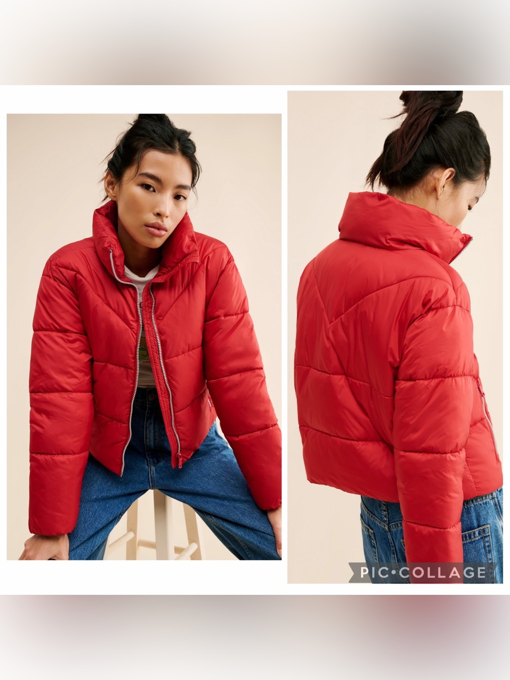 XS NVLT  Quilted cropped Puffer Jacket  Zip Pockets dark red
